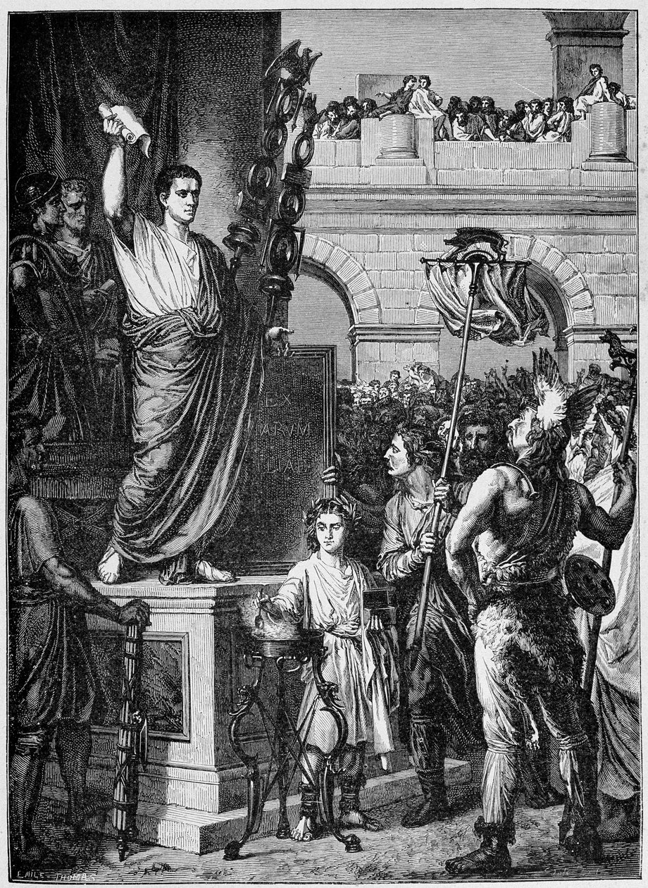 Augustus (Oktavián nebo Octavianus) (63 př. n. l. - 14 n. l.) předkládá ústavu poslancům tří provincií keltské Galie shromážděným v Lyonu (rok 10 n. l.) – ve „Francii a Francouzi v průběhu staletí““ od French School