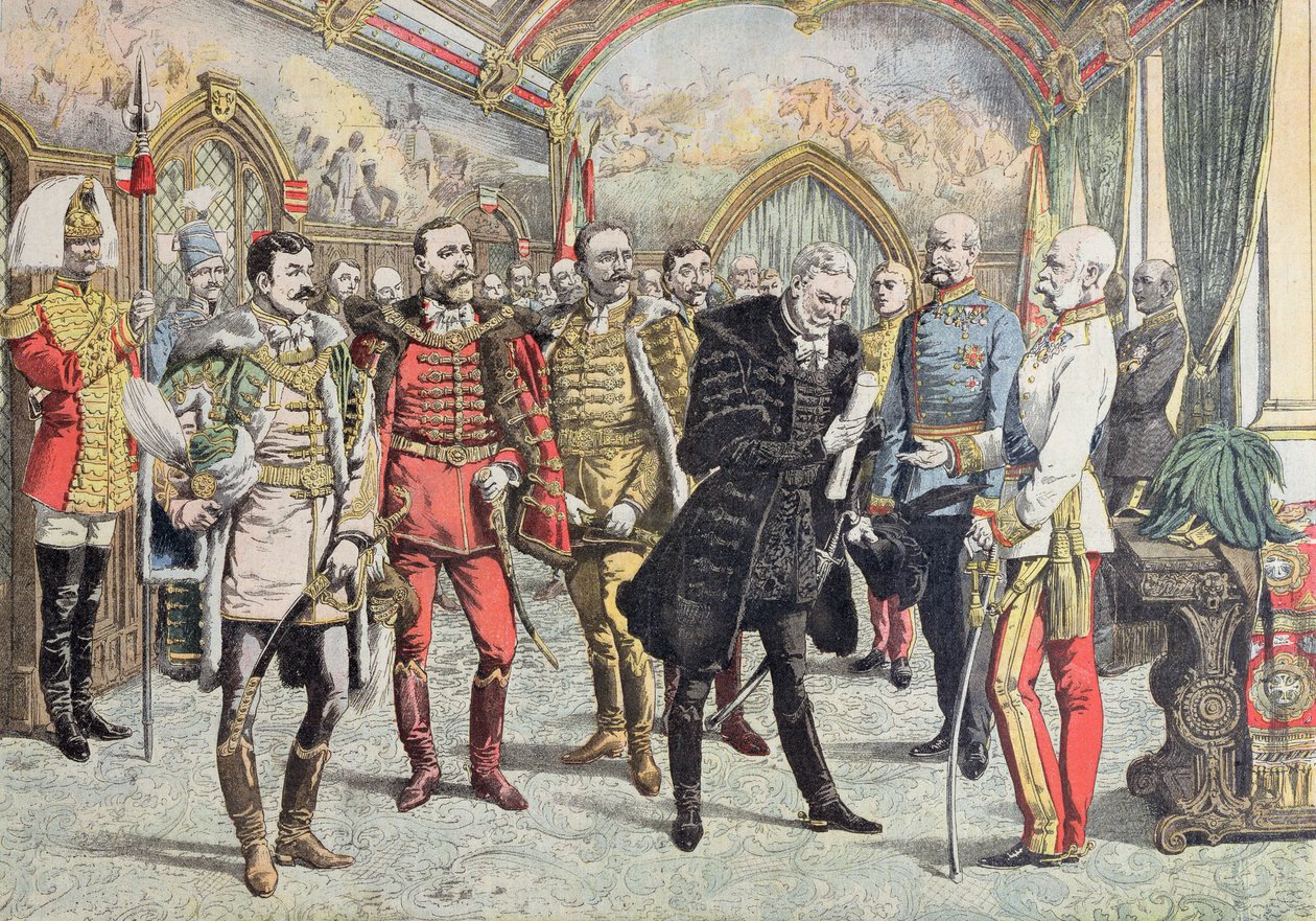 Rakousko-uherská krize - přijetí uherských magnátů císařem Františkem Josefem, ilustrace z Le Petit Journal, 15. října 1905 od French School