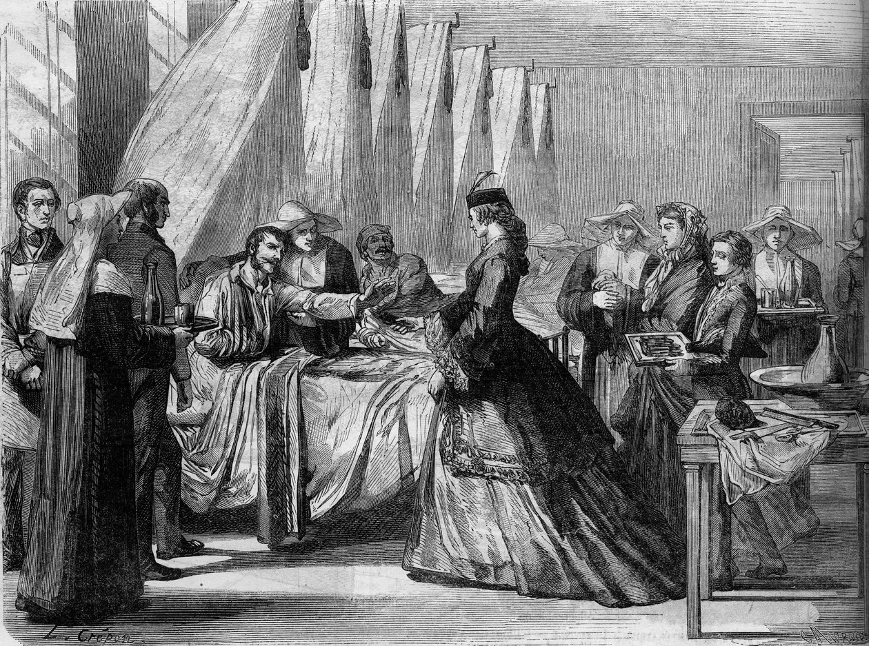 Rakousko-pruská válka (1866): Císařovna Alžběta Rakouská (Sissi) (1837-1898) navštěvuje zraněné vojáky ve Vídni. Rytina v „“ Le Monde Illustré““ č. 486 ze 4. srpna od French School