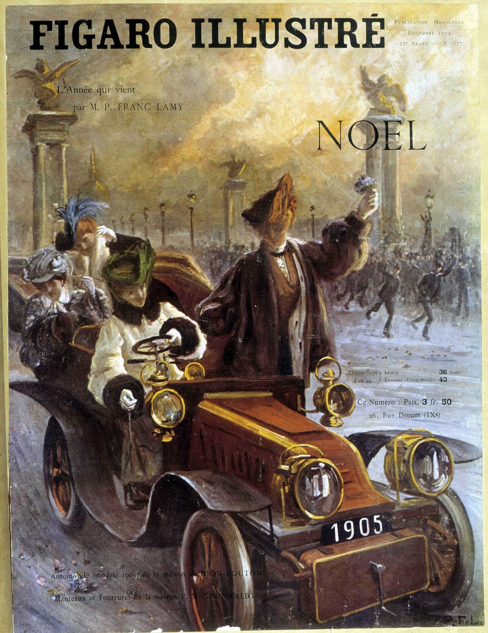 Automobil Dion-Bouton 1905 a kabáty a kožešiny Grunwaldt - v „“ Le Figaro Illustré“, prosinec 1904 od French School