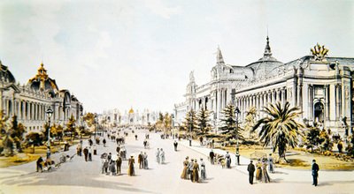 Avenue Nicholas II zobrazující Grand Palais a Petit Palais během výstavy Universelle v Paříži, ilustrace z 