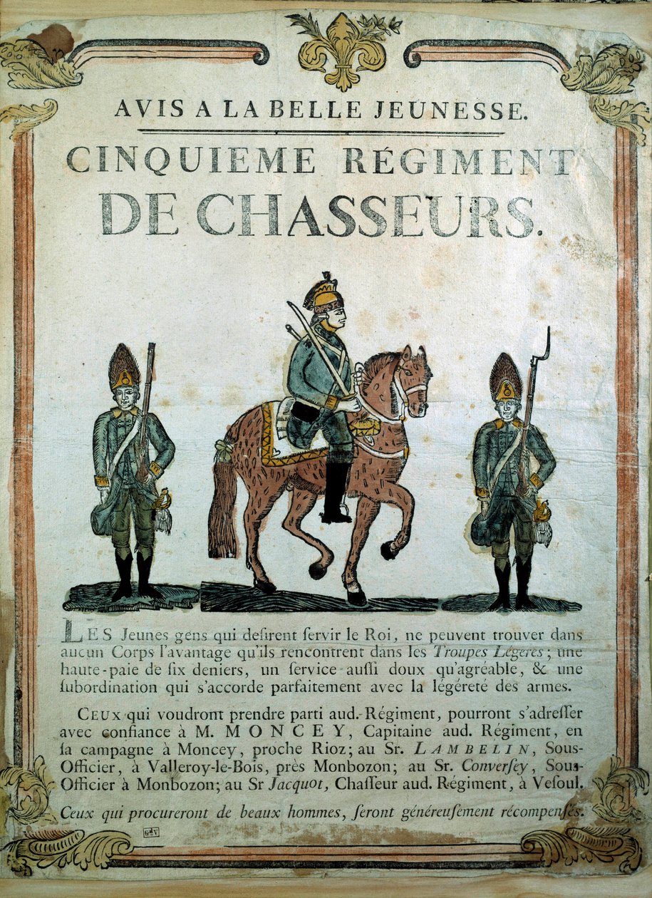 Avis à la Belle Jeunesse, náborový plakát pro 5. pluk myslivců 18. století. Paříž, Musee de l