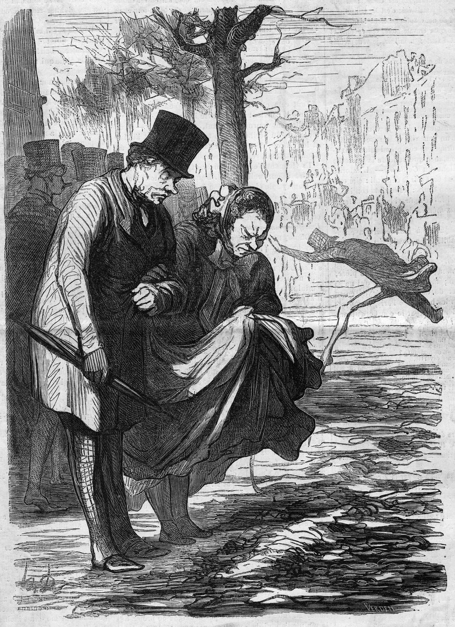 Hrozný asfalt!. Kreslený film Honore Daumier (1808-1879). Rytina do „“The Illustrated World““ č. 277 z 2. srpna od French School