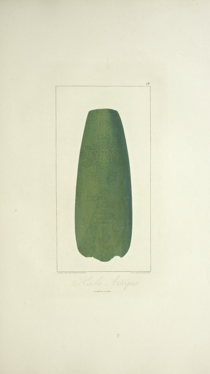 Aztécká sekera, ilustrace z „Pohledy na Kordillery a památky domorodých národů Ameriky“ od Alexandra von Humboldta a Aime Bonpland od French School