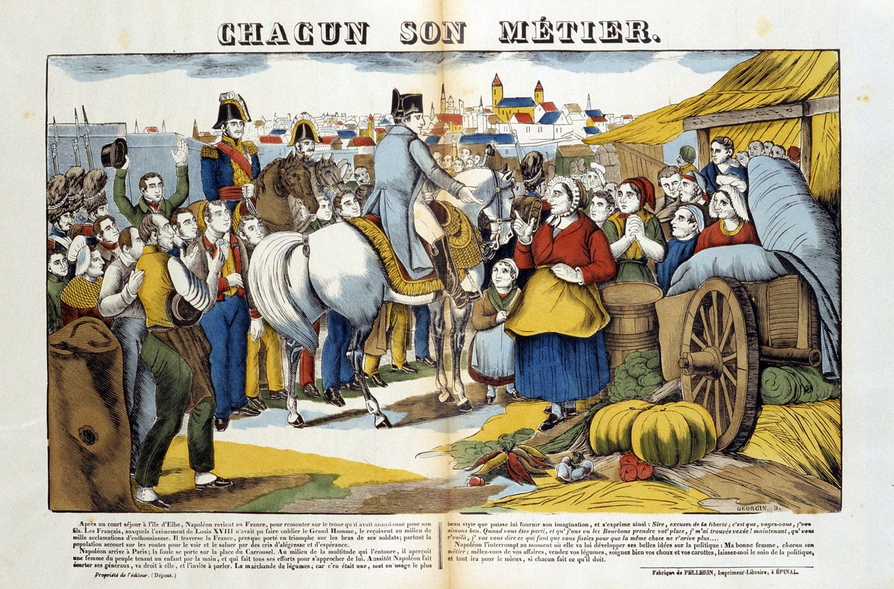 Po návratu z ostrova Elba byl Napoleon přivítán Francouzi s nadšením. Obrázek Epinal od French School