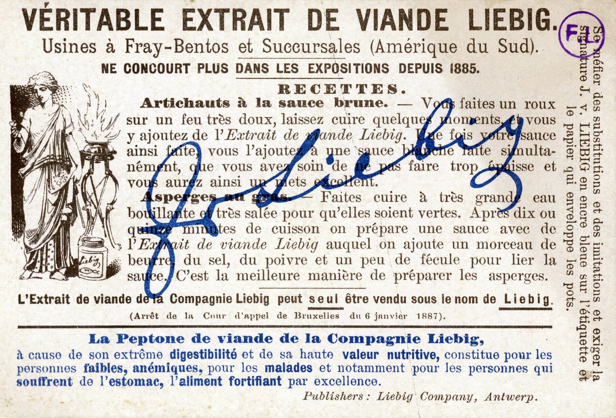 Zadní strana karty Liebig) s receptem na artyčoky s hnědou omáčkou. Reklamní chromolitografie od French School