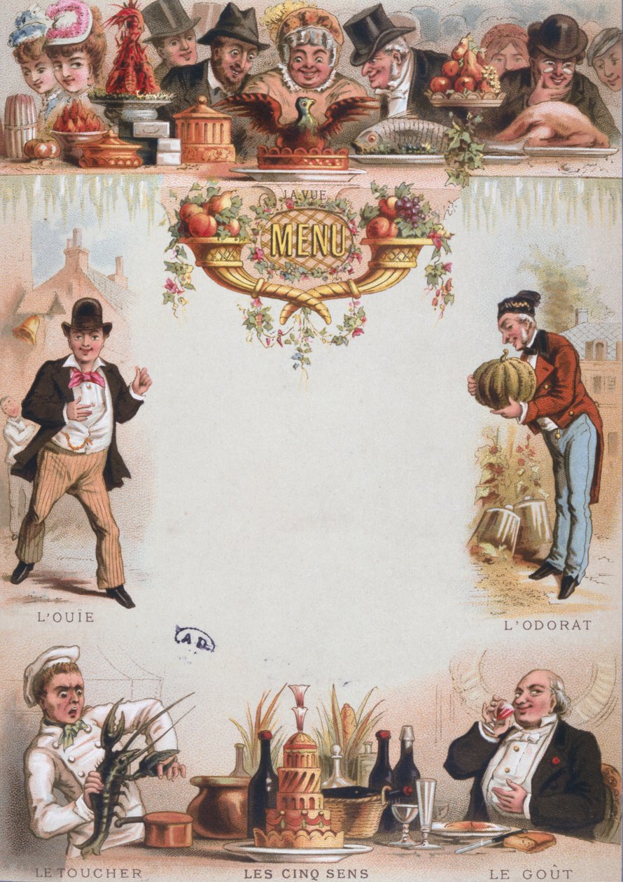 Podtisk pro menu zobrazující pět smyslů, konec 19. století (barevné lito) od French School