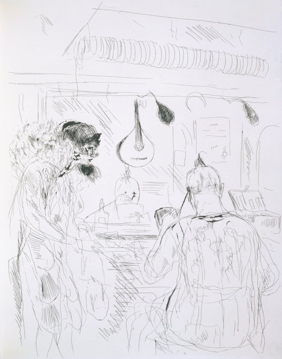 Scéna ze zákulisí pařížského Bal de Nuit nebo cirkusu, z Paris Sketches: Etchings od Foraina a Raffaelliho, 1880 od French School