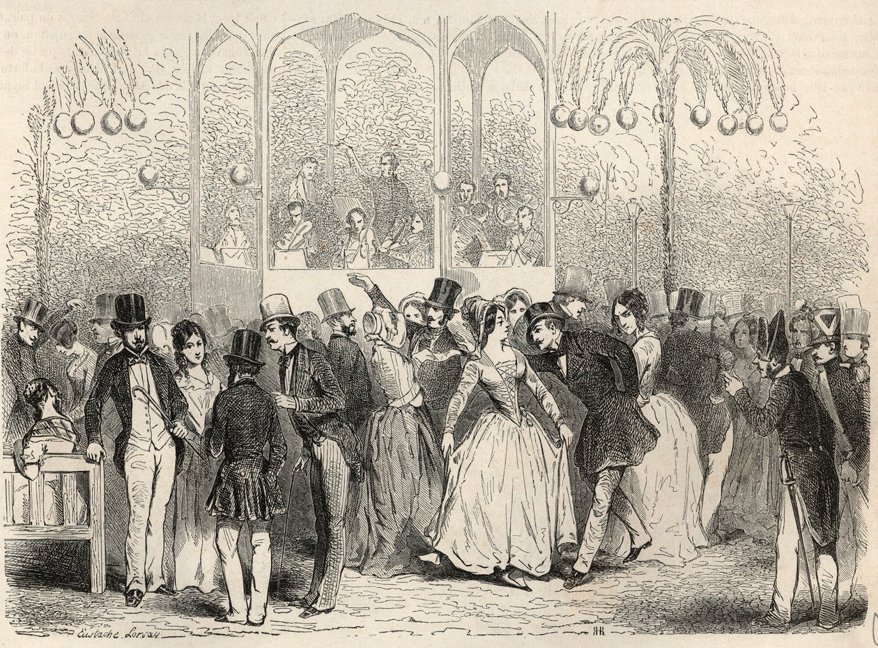 Bal Mabille (taneční a zábavní zařízení, avenue Montaigne, Paříž) Rytina v „Tableau-de-Paris“ od Edmonda Texiera 1852 od French School