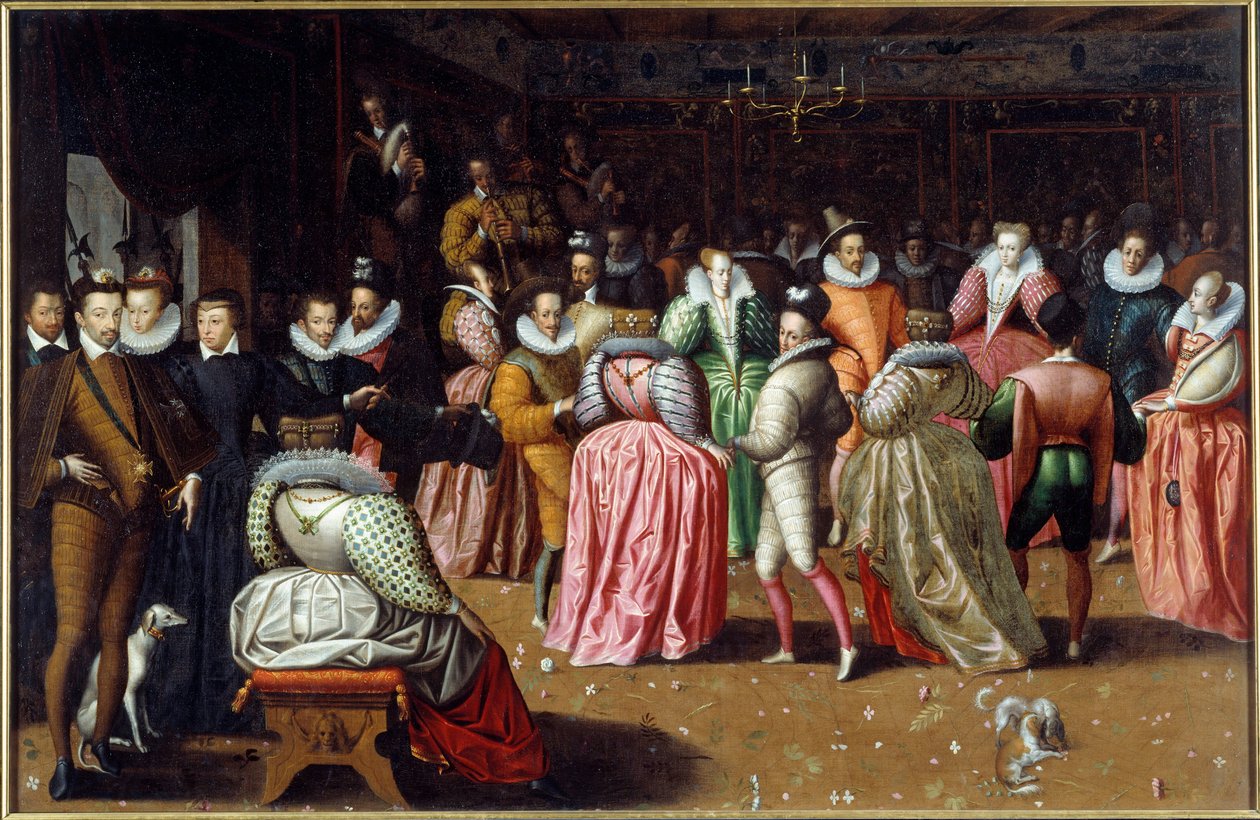 Bal na dvoře krále Jindřicha III. a královny Kateřiny Medicejské (Caterina de Medici), známé jako Bal vévody z Alenconu. Nalevo jsou zastoupeni panovníci, včetně královny Margot (Margarita z Navarry nebo Valois (1553-1615). Obraz F od French School