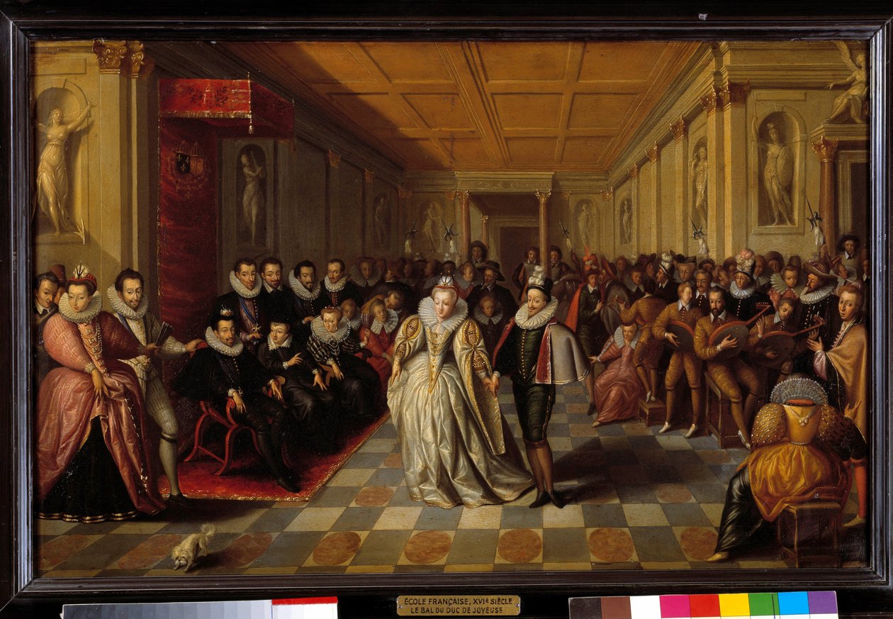 Bal dal Louvru za přítomnosti Jindřicha III. a Kateřiny Medicejské (Caterina de Medici) ke sňatku Anny, vévody z Joyeuse a Marguerite de Lorraine Vaudemont (sestra královny Louise) dne 24. září 1581. od French School