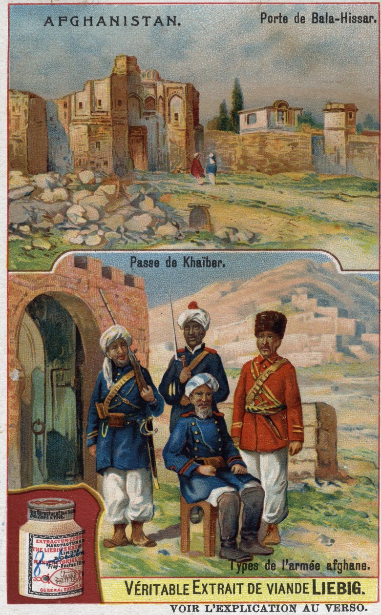 Brána Bala-Hissar v Afghánistánu a vojáci afghánské armády na přechodu Khaiber. Reklamní chromolitografie 19. století. od French School