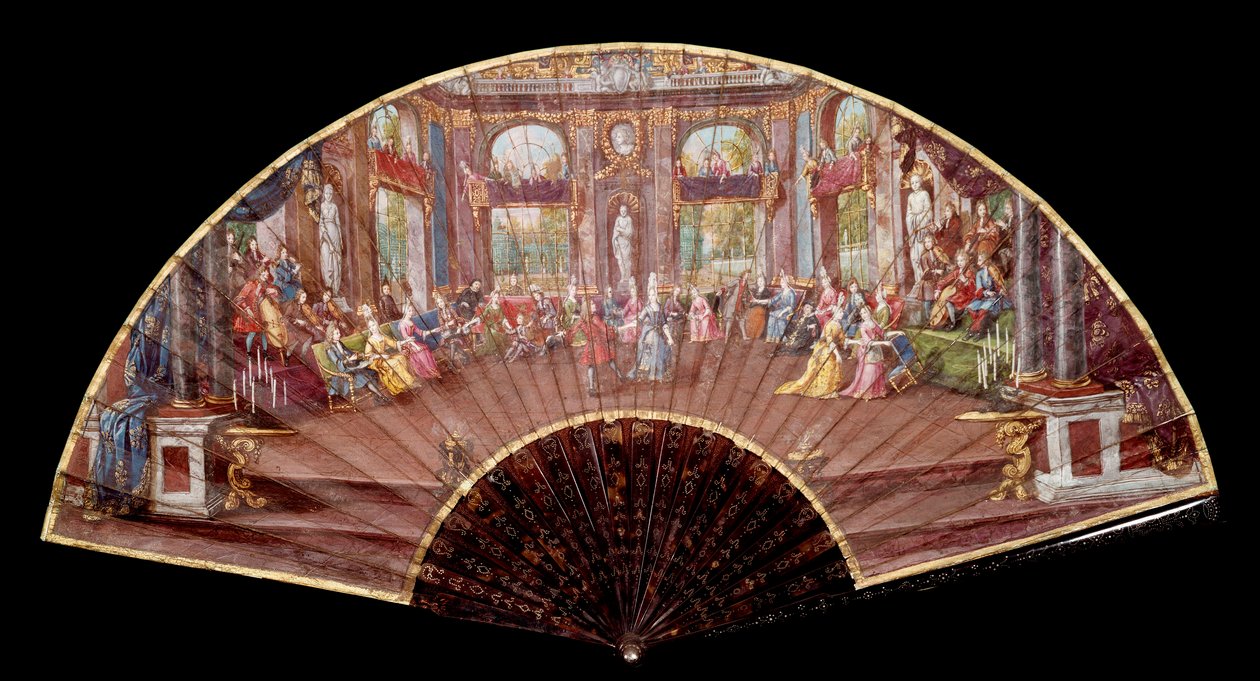 Plesová scéna na dvoře Ludvíka XIV (1638-1715) vějíř 18. století Paříž, Dekorativní umění od French School