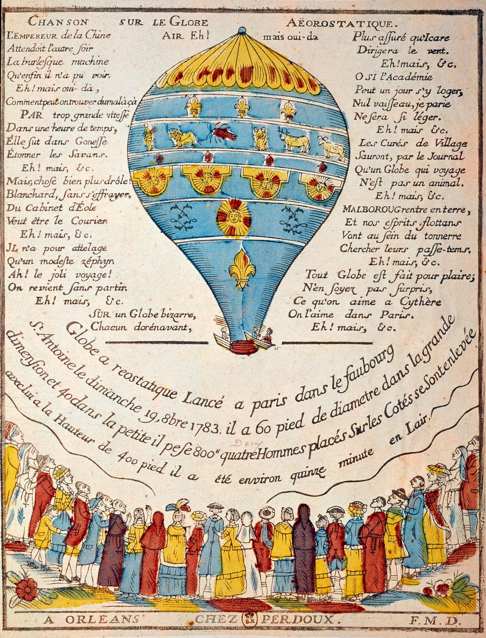 Let balónem: zážitek bratří Montgolfierů z 19. října 1783 na zahradě pana Reveillona v pařížském faubourg Saint Antoine. Epochální rytina. Paříž, B.N. od French School