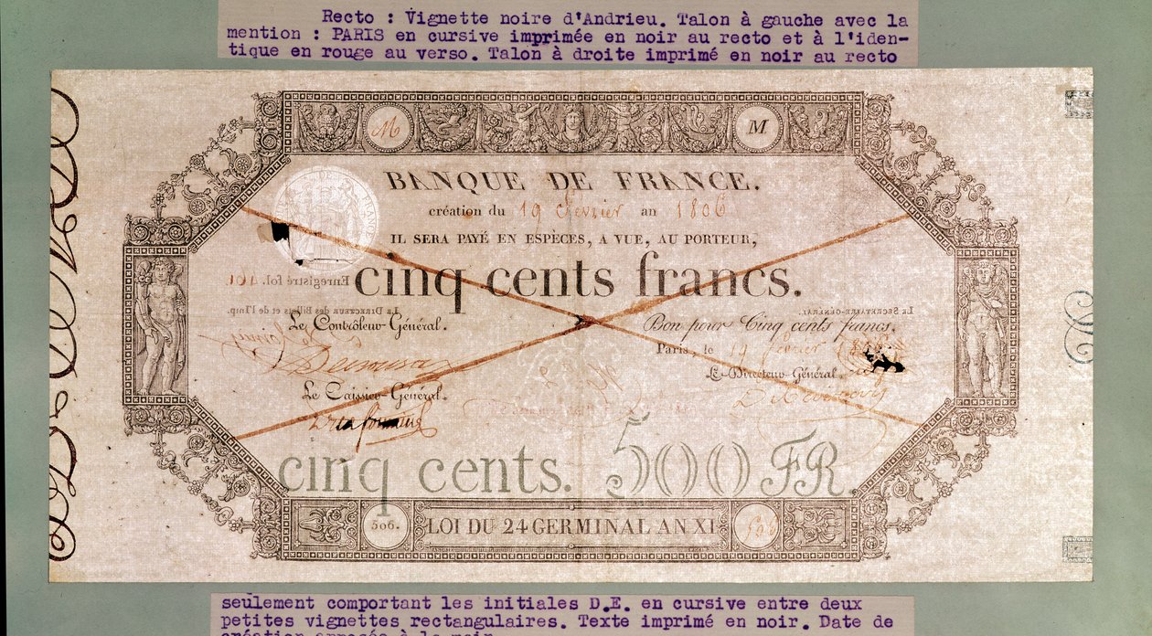 Bankovka na 500 franků z 24. Germinálu roku XI, 1806 (inkoust na papíře) od French School