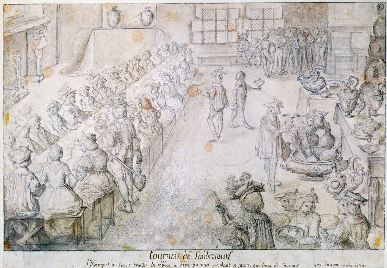 Banket na turnaji Sandricourt v roce 1493 (hnědý inkoust a tužka na papíře) od French School