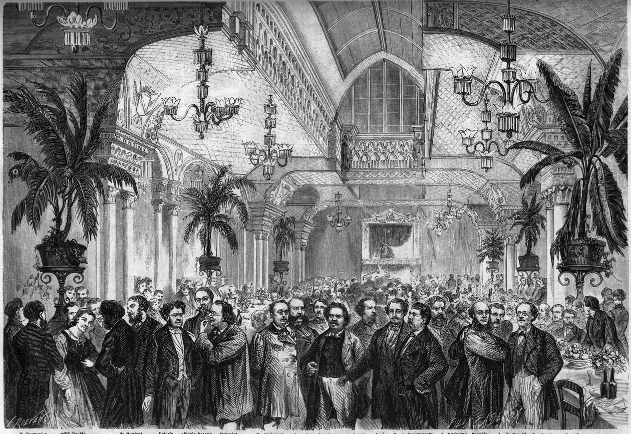 Banket novin „Le Figaro“, konaný 6. února 1864 v salonu Restaurant du Passage des Princes v Paříži, za účasti novinářů, spisovatelů, umělců... Přítomni zleva doprava: Nestor Roqueplan , paní Ugalde, de Montaut, Peter