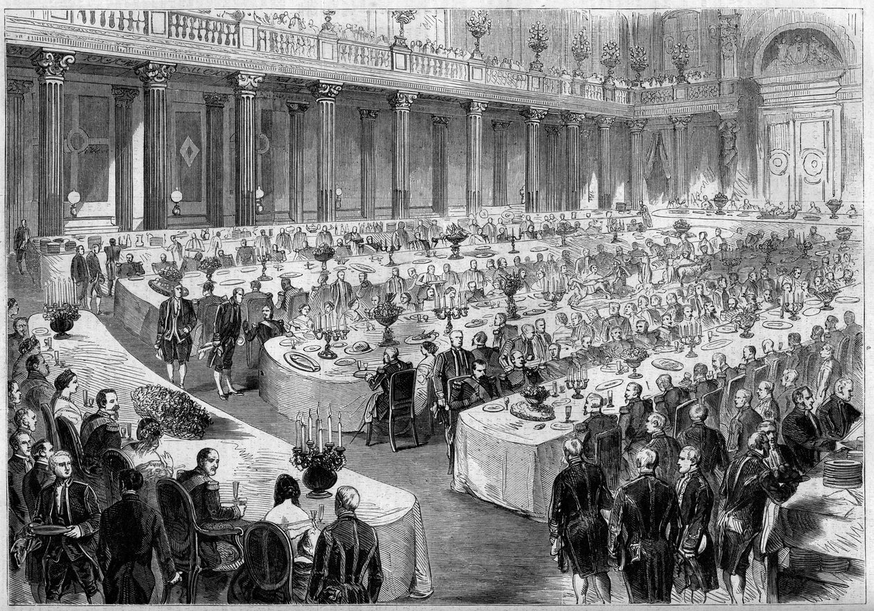 Banket pořádaný 14. srpna 1859 Napoleonem III. ve Státní síni pavilonu Denon v Louvru (Paříž) na počest vojáků italské armády po jejich vítězství v Risorgimentu v roce 1859. Rytina „“ Le Monde Illustré““ č. 124 z 27 od French School