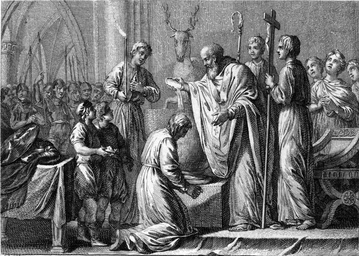 Bapteme of Clovis 1., 25. prosince 496: král franků (466-511) je pokřtěn svatým Remim (437-533), předvečerem z Remeše, v kostele svatého Martina. Rytina 18. století. od French School