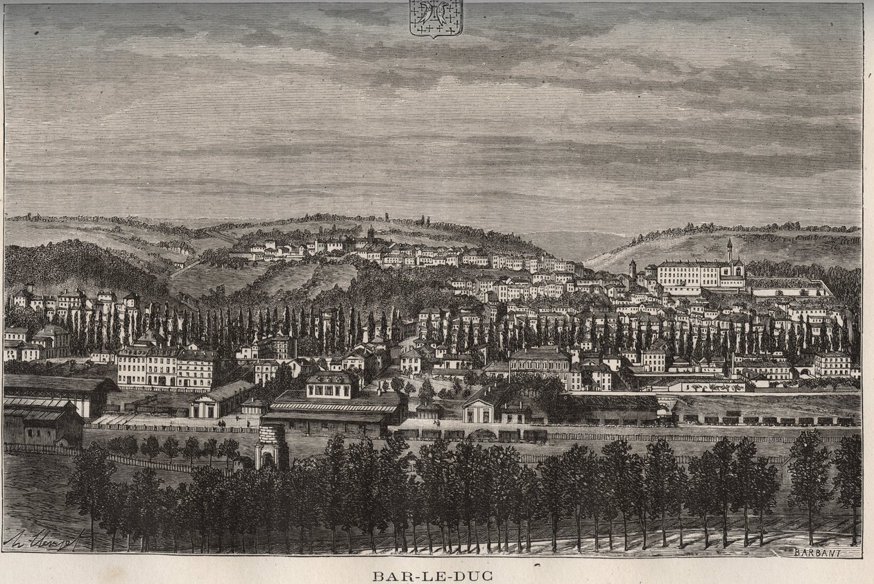 Bar-le-Duc (Bar le Duc) - oddělení Meuse - rytina v „La France illustree: geografie, historie, statistická správa“ od V.A. Sladově hnědá. 1884 od French School