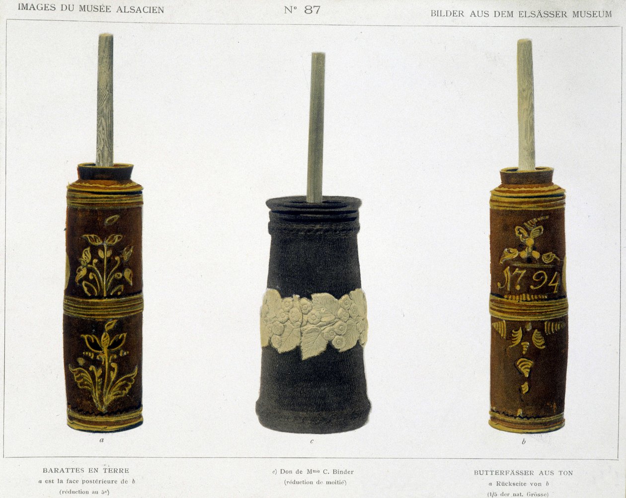 Barattes (pro výrobu másla) z opracované hlíny uchovávané v Alsaském muzeu, v.1800 od French School
