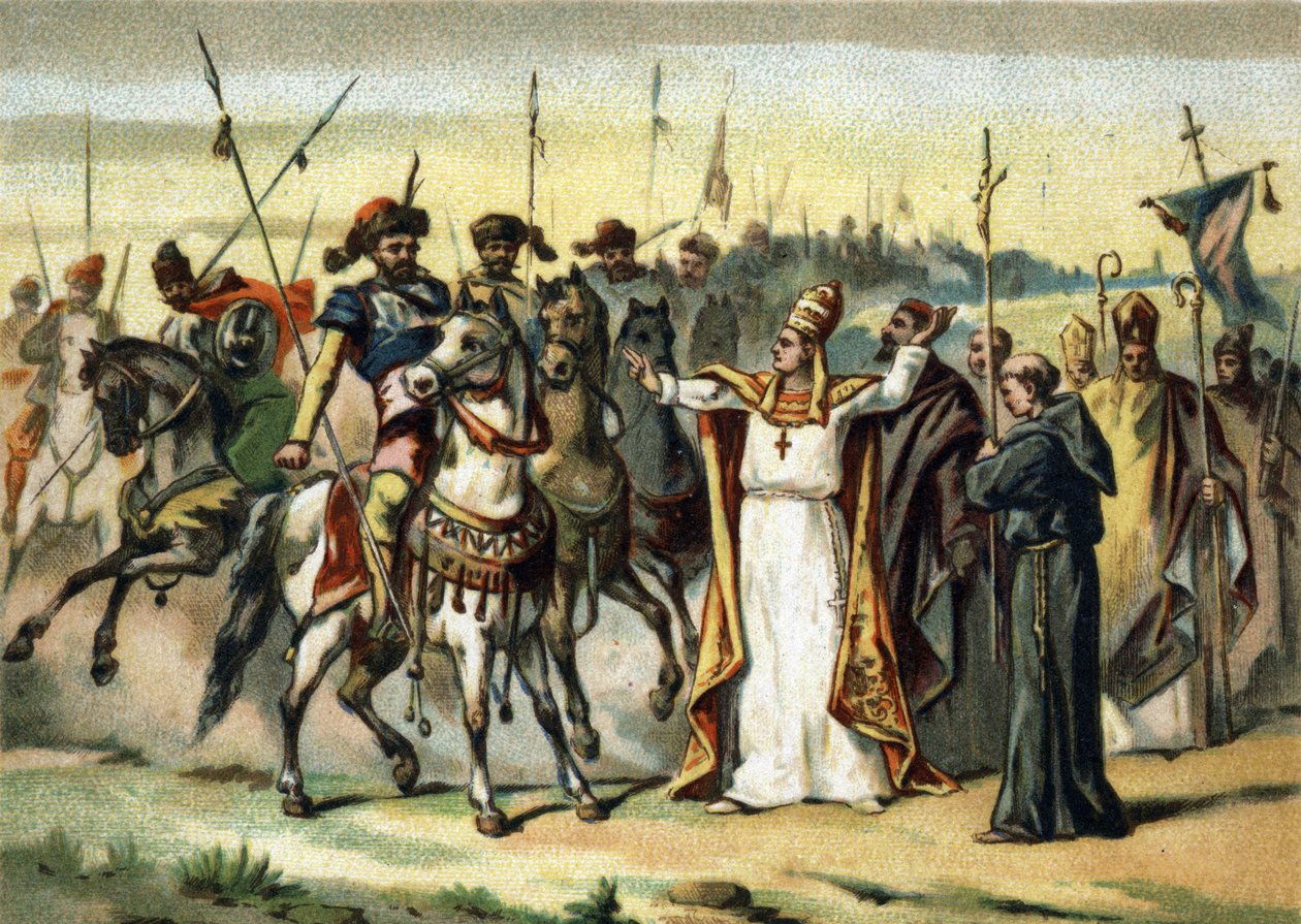 Invaze barbarů - Attila a svatý Leon I. Veliký (440-461): barbar Attila, vůdce lidu Hunů, se setkává s papežem svatým Leonem Velikým, kterému se ho podařilo přesvědčit, aby ušetřil Itálii. Chromolitografie konce 19. století od French School
