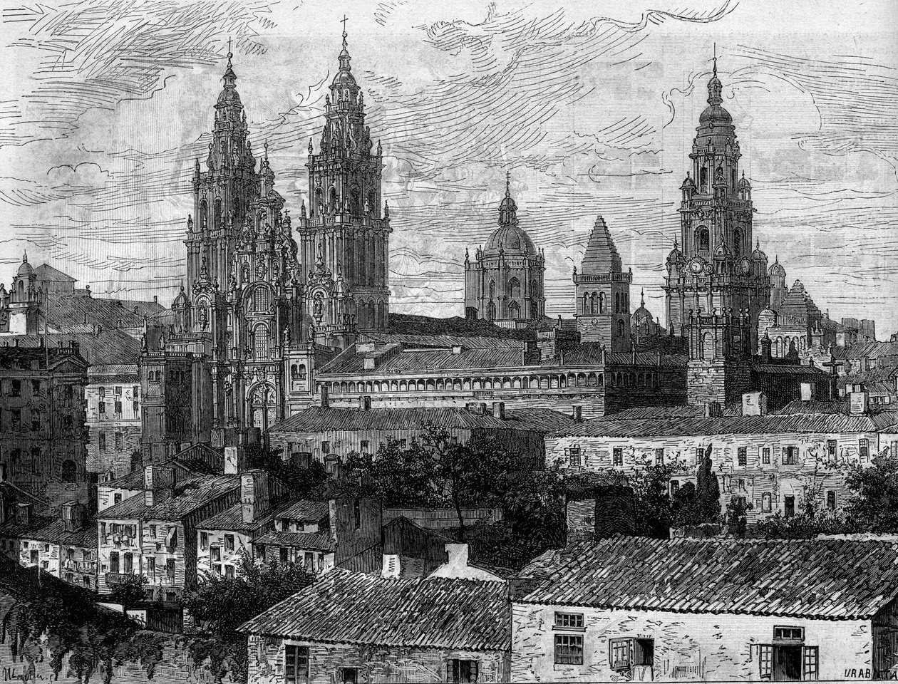 Barokní umění: pohled na katedrálu Santiago de Compostela (Santiago de Compostela). Španělsko. Rytina v „“ Le Monde Illustré““ č. 1220 ze 14. srpna 1880. od French School