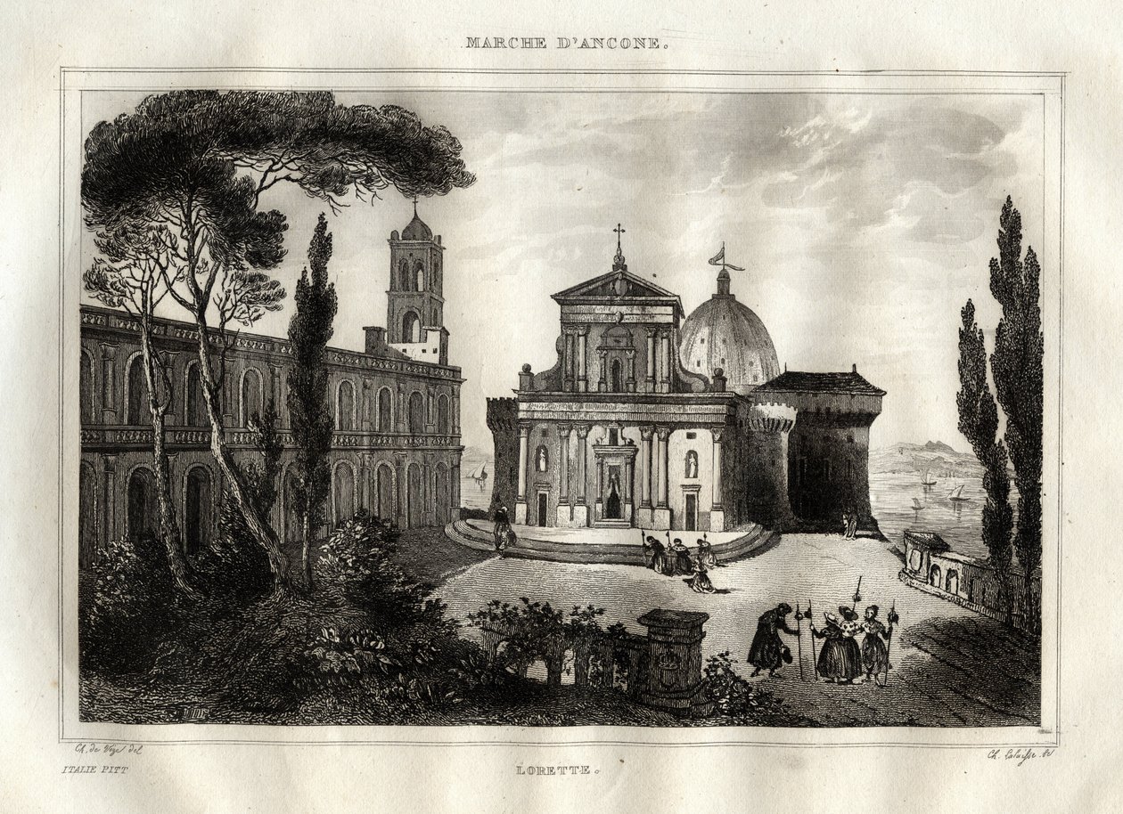 Bazilika della Santa Casa - Loreto - svatyně Lorette - Loreto - bazilika Panny Marie z Loreta - Svatá chýše v Loretu nebo Dům Nazaretu - rytina z „“Malebné Itálie““ - Historická a popisná malba Itálie““ od M. de Norvins, Ch. N od French School