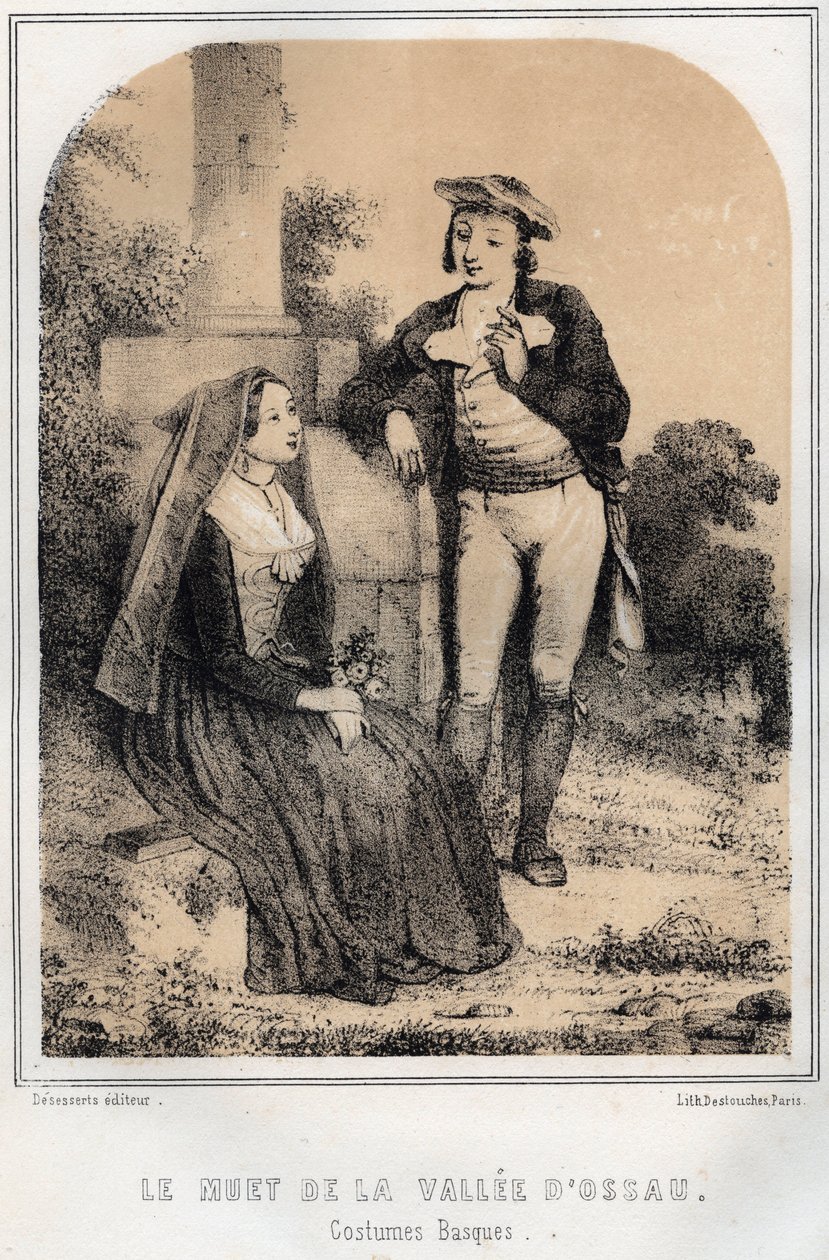 Baskové kostýmy – Němci údolí Ossau – rytina „Les soirees de mon strýc suvenýry a recitace de voyages“ od MORING MICHEL – konec 19. století od French School