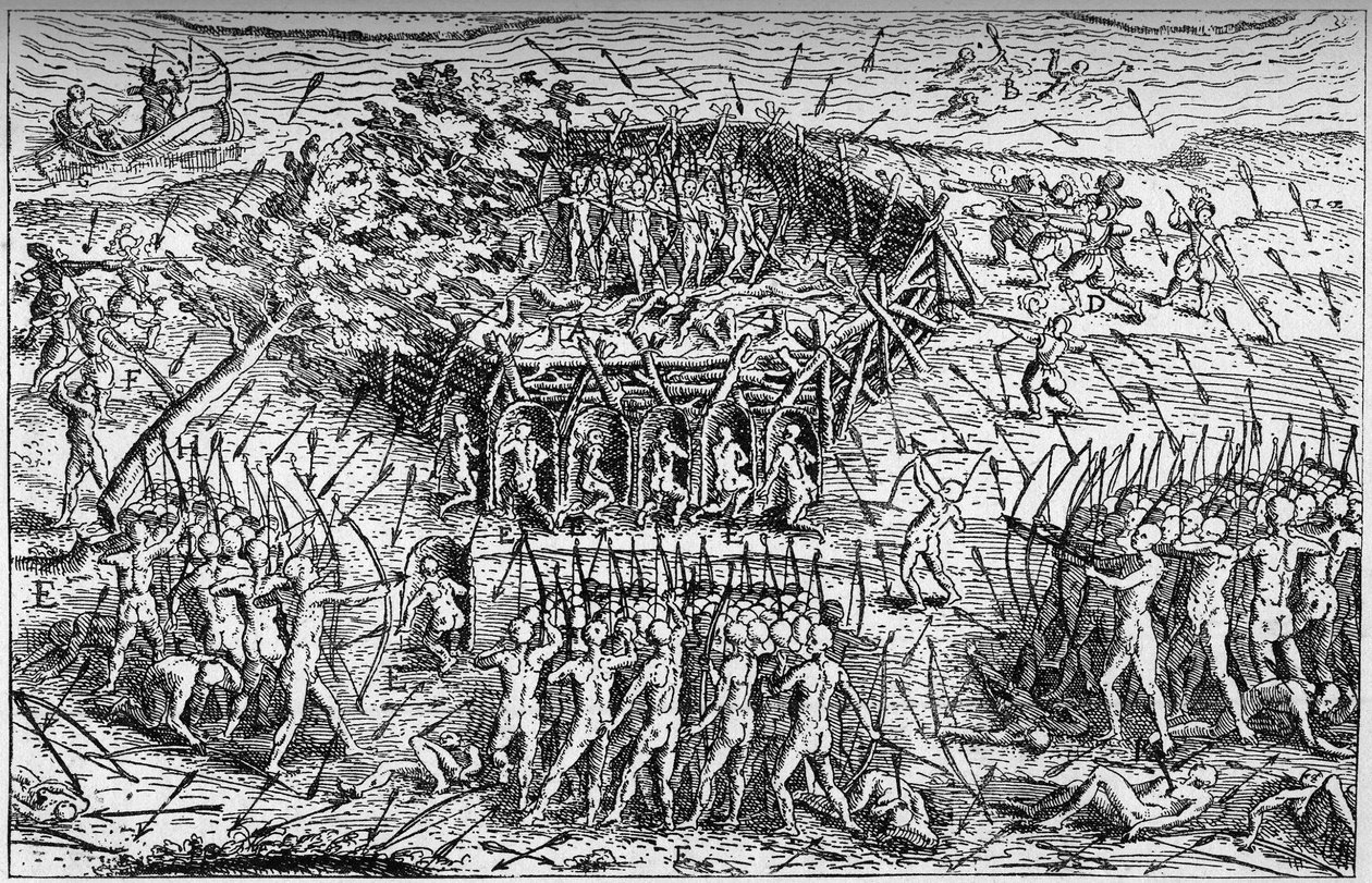 Bitva mezi francouzskou armádou Samuela de Champlain (cca 1567-1635) a Irokézy. Kanada, počátek 17. století. Rytina v „La Marine et les colonies: commerce“ od French School