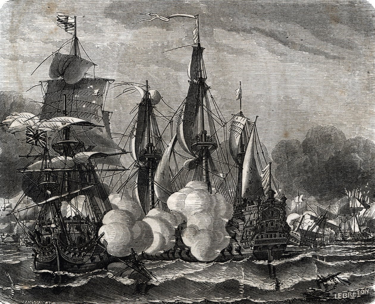 „Námořní střetnutí v bitvě u Bantry Bay se odehrálo 11. května 1689, týden před vyhlášením devítileté války (bitva u námořního střetnutí v Bantry Bay se odehrálo 11. května 1689, týden před vyhlášením devítileté války) Rytina z Lahure „Po od French School