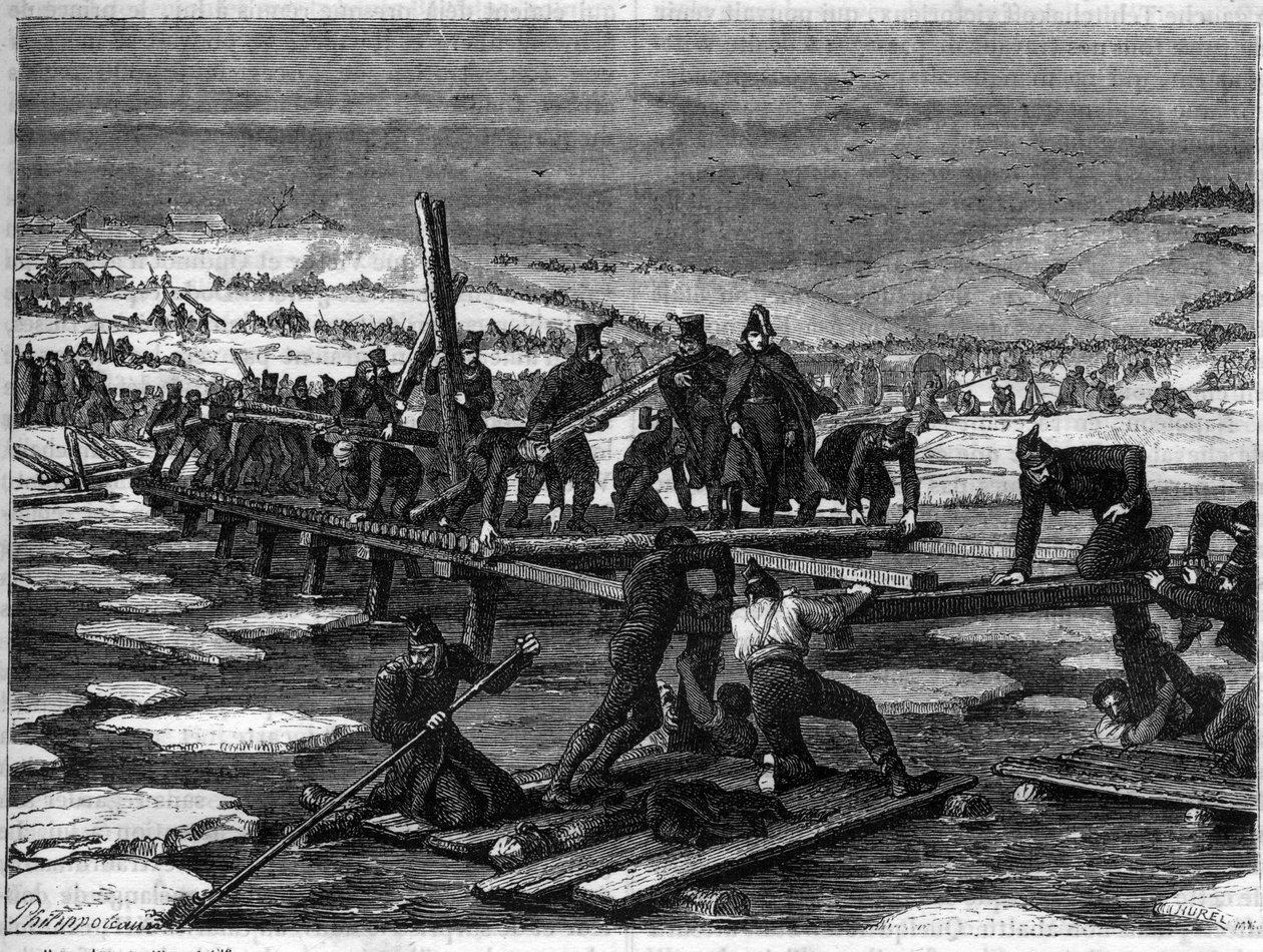 Bitva u Bereziny, 26. – 29. listopadu 1812, katastrofální porážka Napoleona při jeho ústupu z Ruska – ruské tažení, ústup: stavba dvou mostů přes Berezinu zákopníky z Velké armády pod vedením G. od French School