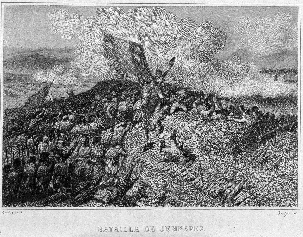 Bitva u Jemappes v roce 1792 (Vítězství Francouzů, velel Dumouriez) - ve „“Revolution francaise““ od Thierse. 19. století od French School