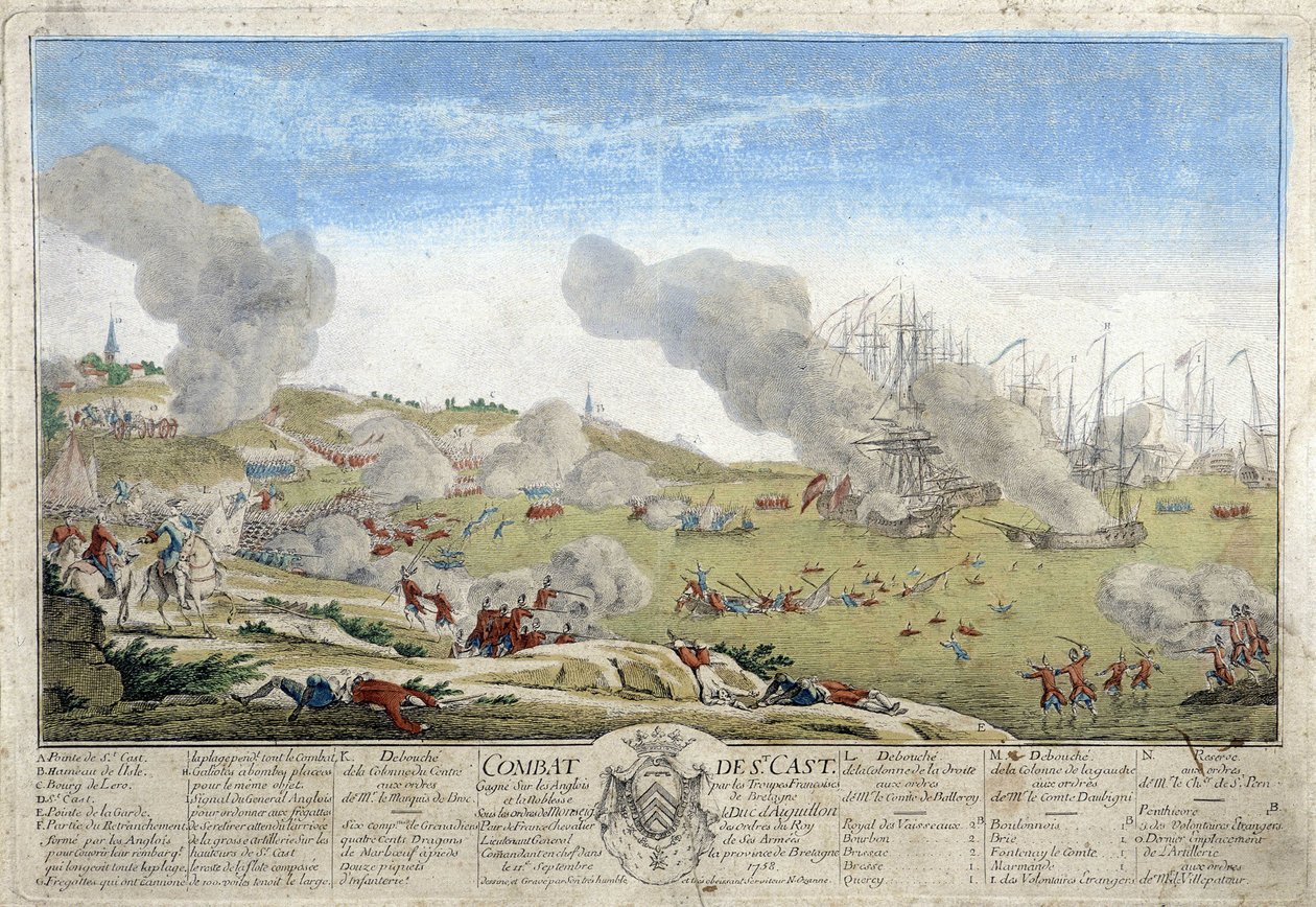 Bitva u Saint Cast, během níž francouzské jednotky Bretaně porazily Angličany v roce 1758. Ilustrace zachována v muzeu v Dinan. od French School