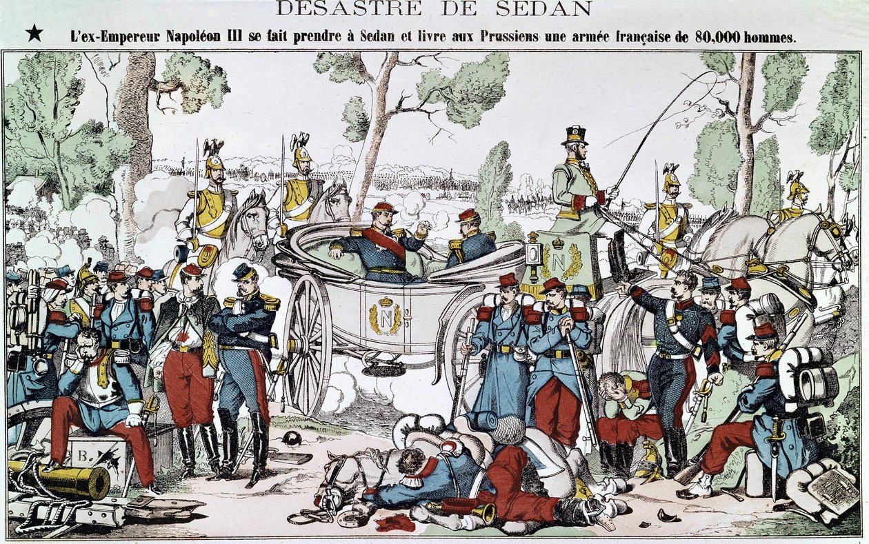 Bitva u Sedanu v roce 1870. Bývalý císař Napoleon III. je chycen v Sedanu a dodává Prusům francouzskou armádu o síle 80 000 mužů, obraz páteře. od French School