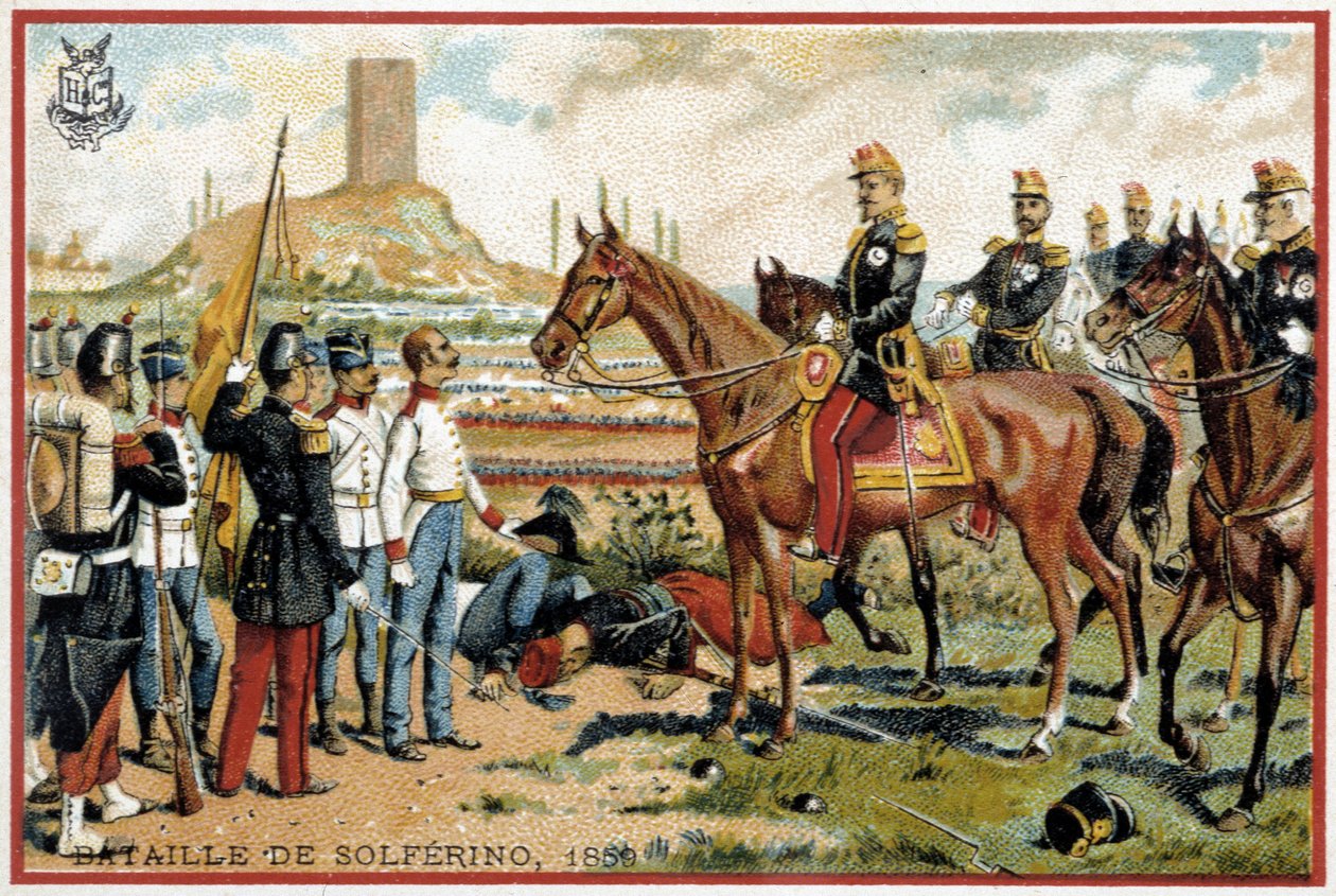Bitva u Solferina: Vítězství v bitvě u Solferina proti Rakušanům v roce 1859 - divize Forey. Liebigova chromolitografie od French School