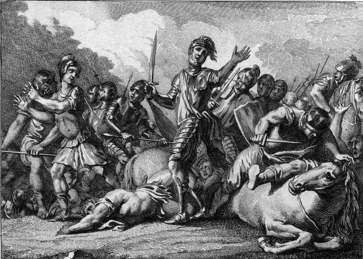 Bitva u Tolbiacu, 496: Chlodvík 1. (466-511), král Franků, prosící o Boží pomoc při porážce germánského kmene Alamanů. Rytina 18. století. od French School