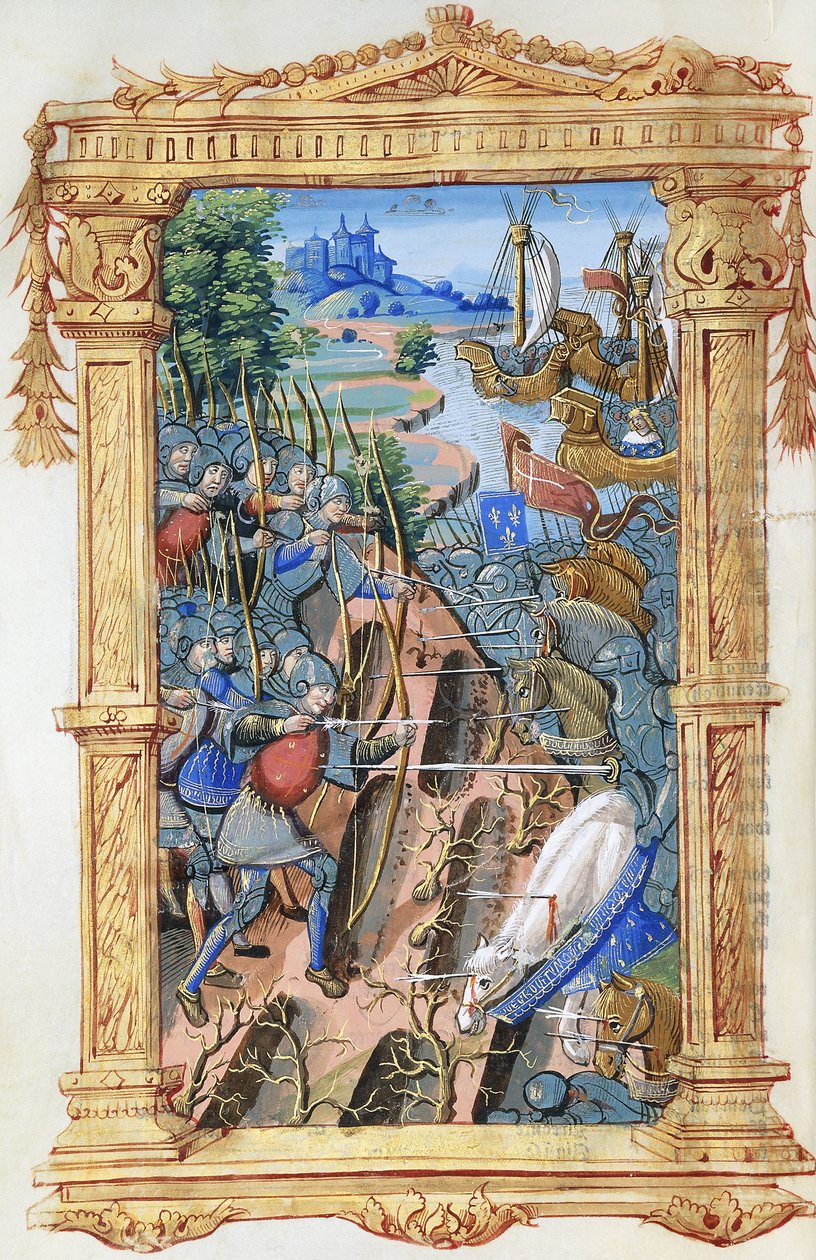 Bitevní scéna mezi lučištníky a kavalérií, s hradem a loděmi, cca 1495-1500 od French School