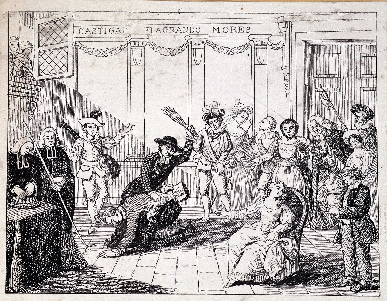 Beaumarchaisovo bičování v Saint Lazare - scéna Beaumarchaisova soudního procesu, v ruce drží brožuru Folle journee - z ap. obrazu Comedie Francaise, rytina od French School