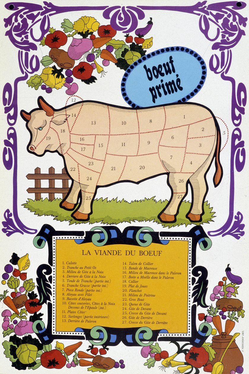 Hovězí maso a jeho kusy - plakát Butcher, 20. století od French School