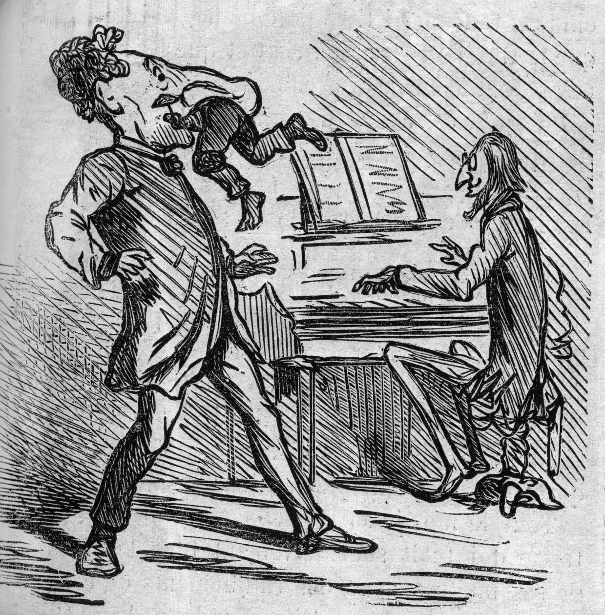 Než zazpívá hudbu pana Offenbacha, tenorista Hyacinthe dostane ránu, aby si trochu ulevil tóny hlavy. Francouzský naturalizovaný německý skladatel Jacques Offenbach (1819-1880) hrající na klavír a Louis Hyacinthe Duflost, dit Hyacinthe od French School