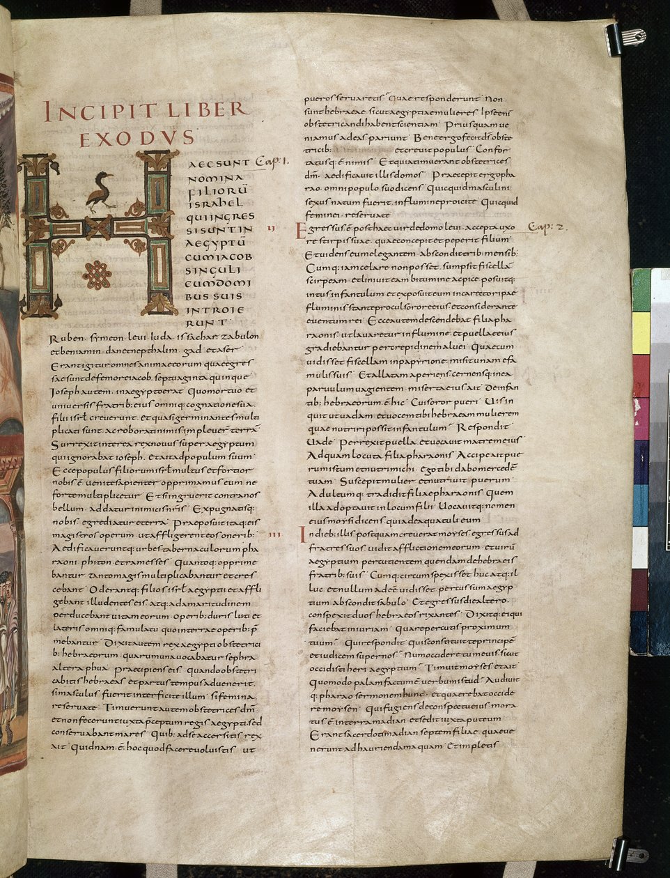 Začátek Knihy Exodus se zdobenou iniciálou „H“ z Moutier-Grandval Bible, od French School