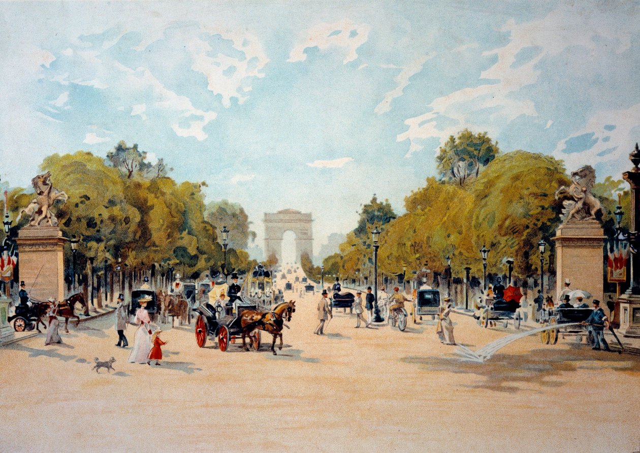 Belle Epoque: pohled na Avenue des Champs Elysees a Arc de Triomphe v Paříži. Anonymní akvarel z roku 1895. Paříž, dekorativní umění od French School