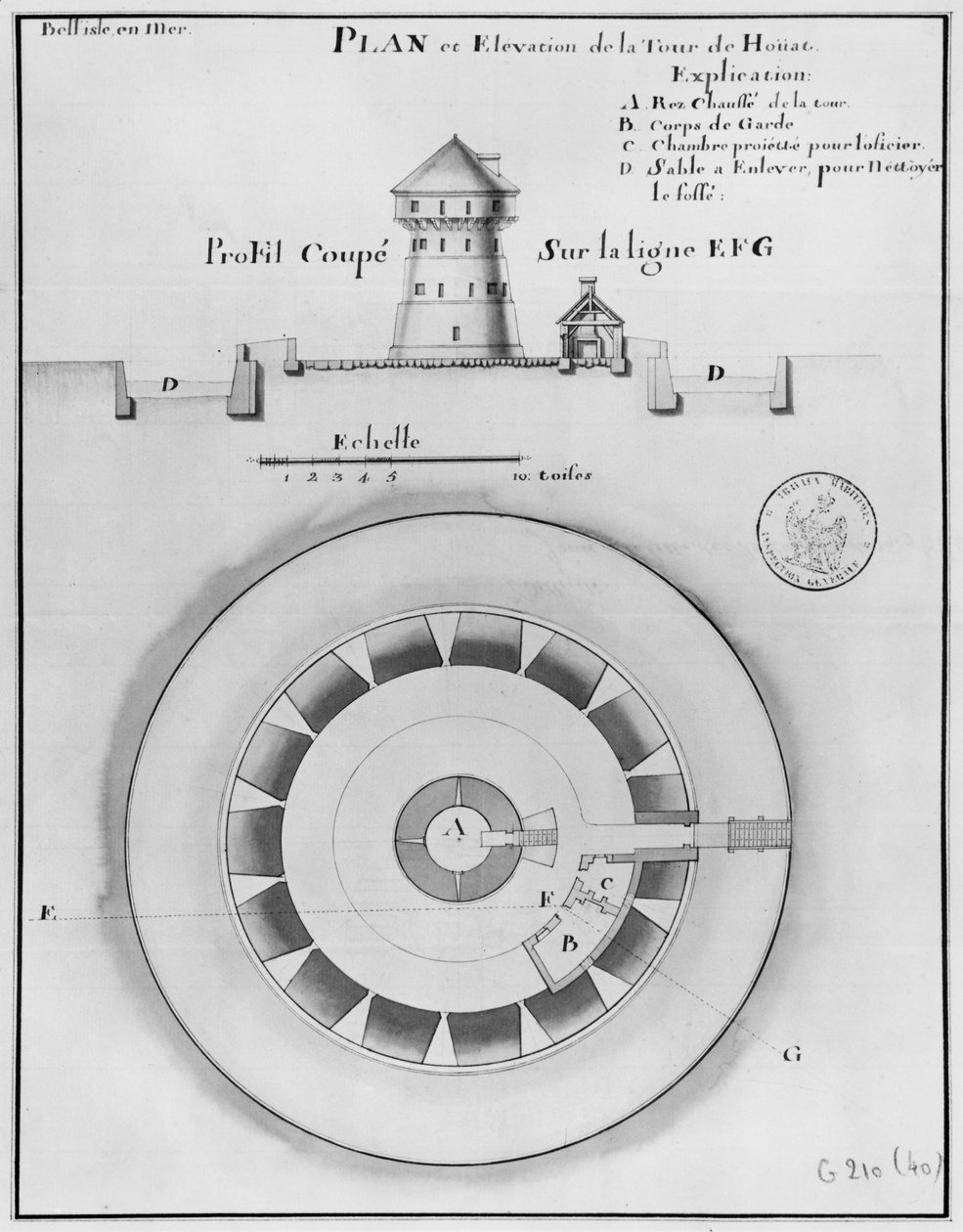 Belle Isle en Mer, půdorys a výřez věže Houat, 1745 (pero a tuš a š:c na papíře) od French School