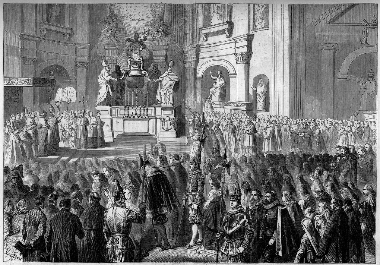 Požehnání papeže Pia IX. (1792-1878) oltáře kazatelny kostela sv. Petra v Římě po restaurování. Oltář postavený v letech 1656 až 1658 Gianlorenzem Berninim (Bernini od French School