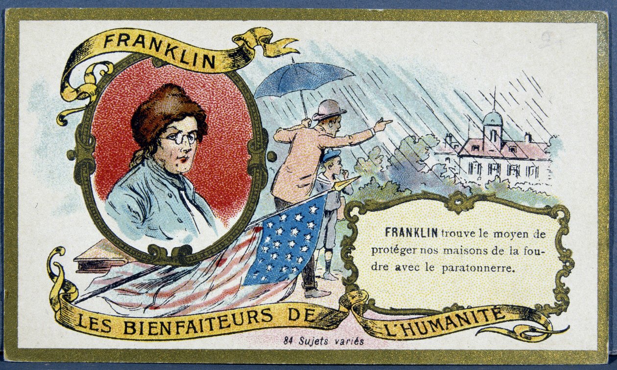Benjamin Franklin, americký politik a fyzik (1706-1790) a hromosvod - chromo., deb. 20. století od French School