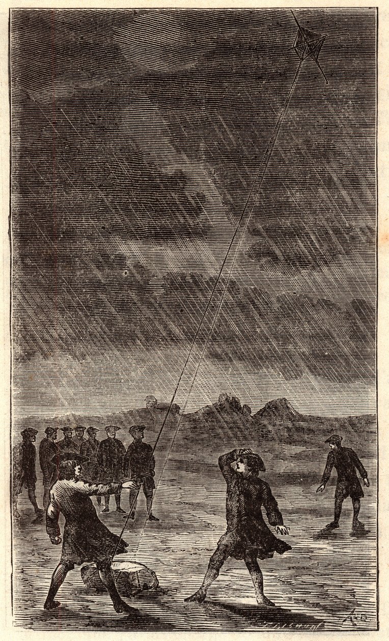 Experiment Benjamina Franklina s bleskem - Zkušenost Benjamina Franklina (1706-1790) létajícího s létajícím jelenem, aby demonstroval elektrickou povahu blesku. Kolorovací rytina 19. století. Gravírování do „“ Vědy dostupné všem – fyz od French School