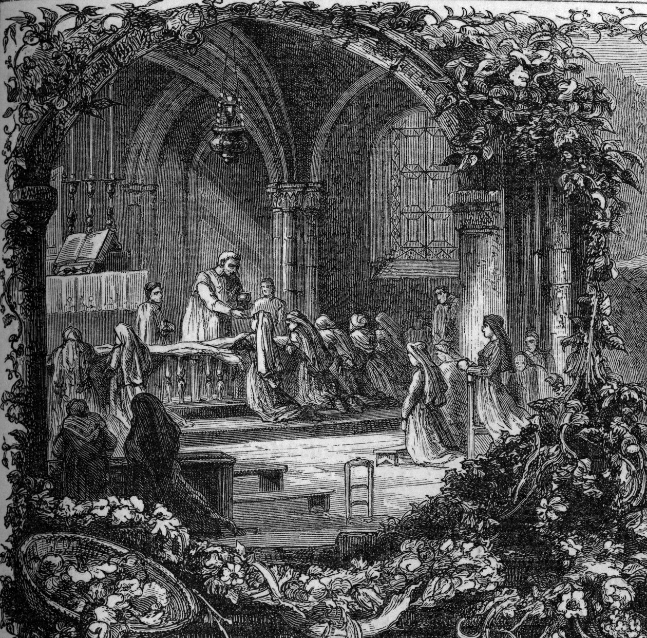 Bernadette Soubirous (1844-1879) při prvním přijímání. 19. století (po roce 1858). Rytina v „“ Notre Dame de Lourdes““ od Henriho Lasserra od French School