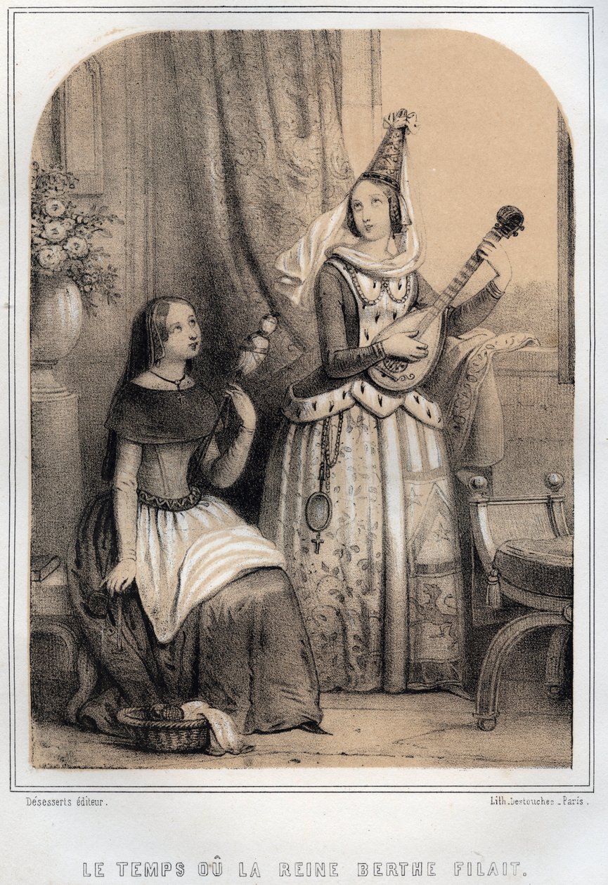 Berthe de Swabia (Burgundsko) známá jako Filandiere nebo točící se královna (907-966) - rytina v „“ THE SOURIES DE MON STRÝČEK MEMORIES ET RECITTS DE Voyages“ od MORING MICHEL - konec 19. století od French School