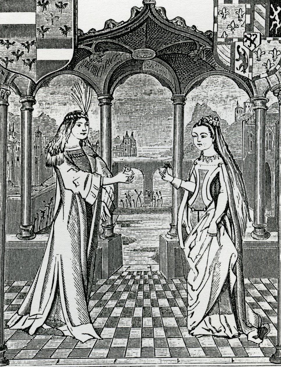 Zasnoubení Maxmiliána I. a Marie, vévodkyně Burgundské v roce 1477, podle obrazu v Chroniques de Flandre od French School